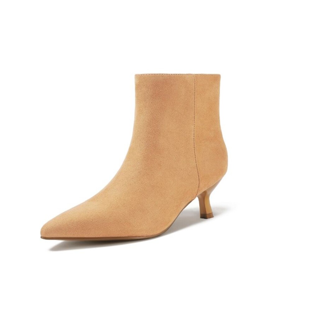 IDIFU Women's Khaki Suede Ankle Boots Size 7 Pointed Toe Kitten Heel Zipper NEW